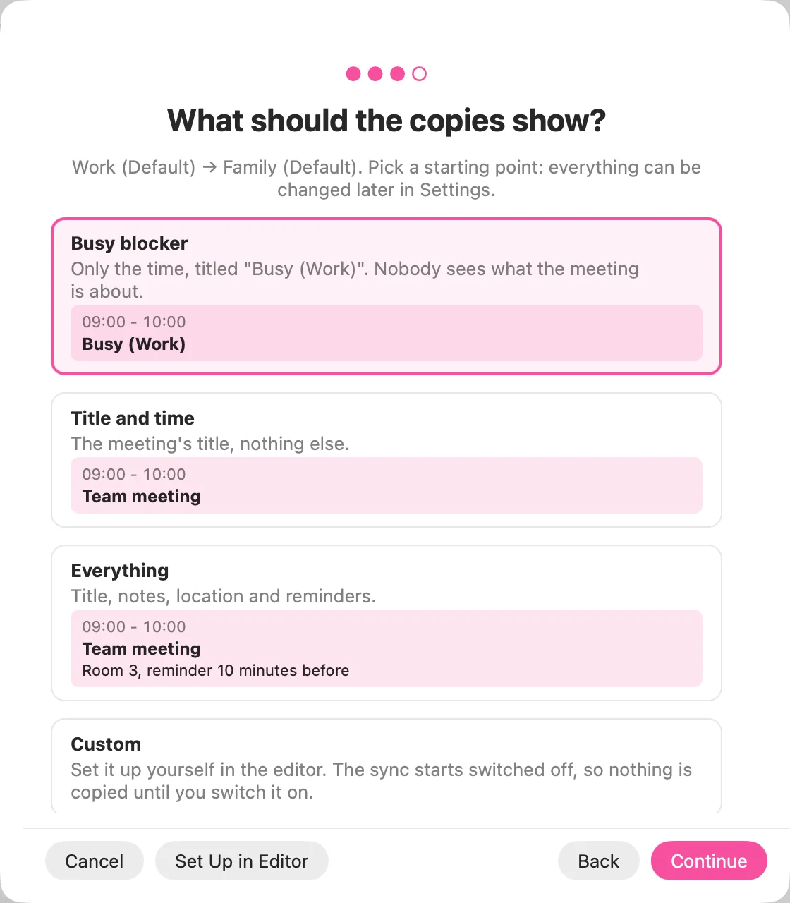 The new sync assistant asks what the copies should show: Busy blocker (only the time, titled Busy (Work)), Title and time, Everything, or Custom. Each choice shows a preview of the copy.